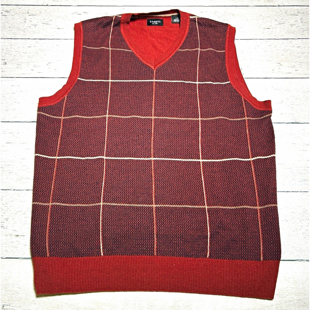 Haggar Mens Large Brown Burgundy Check V-Neck Knit Sweater Vest HA229628